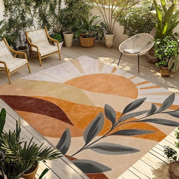 Fsddascl Brown Outdoor Rug for Patio/Deck/Porch, Non-Slip Large Area Rug 4 x 6 Ft, Modern Abstract Art Summer Botanical Aesthetics Indoor Outdoor Rugs Washable Area Rugs, Camping Rug Carpet