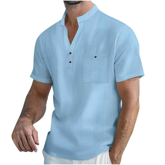 Men's Outdoor Summer Cotton Linen Shirt Henley Short Sleeve Solid Color T-Shirt Pullover with Pocket Father's Gift