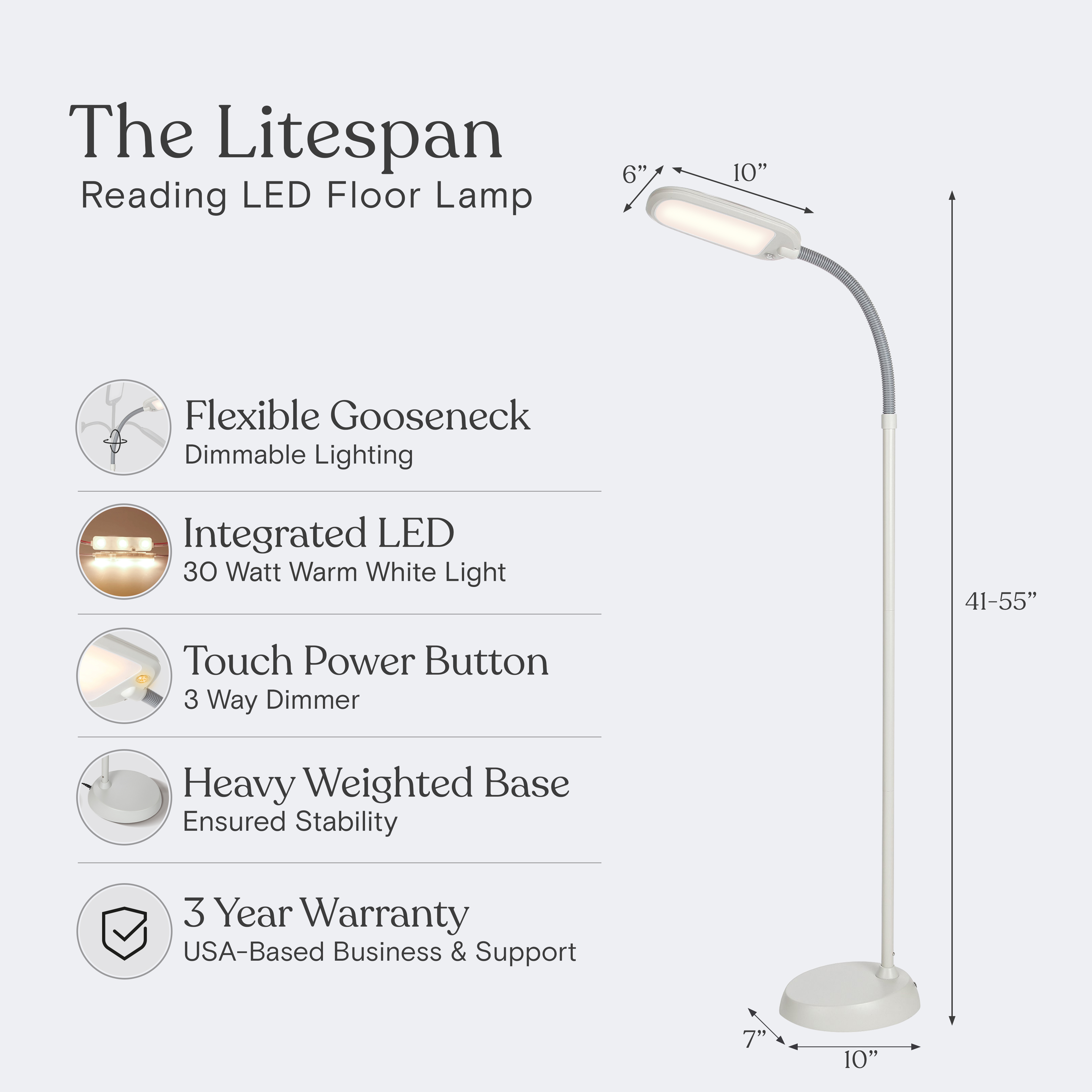 Brightech Litespan Slim LED Lamp, Modern Floor Reading Lamp Over Chair for Living Rooms & Offices, Tall Lamp with Adjustable Gooseneck, Crafts Work Light, Dimmable Standing Lamp for Bedroom - White