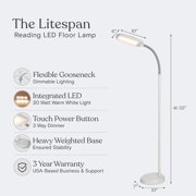 Brightech Litespan Slim LED Lamp, Modern Floor Reading Lamp Over Chair for Living Rooms & Offices, Tall Lamp with Adjustable Gooseneck, Crafts Work Light, Dimmable Standing Lamp for Bedroom - White