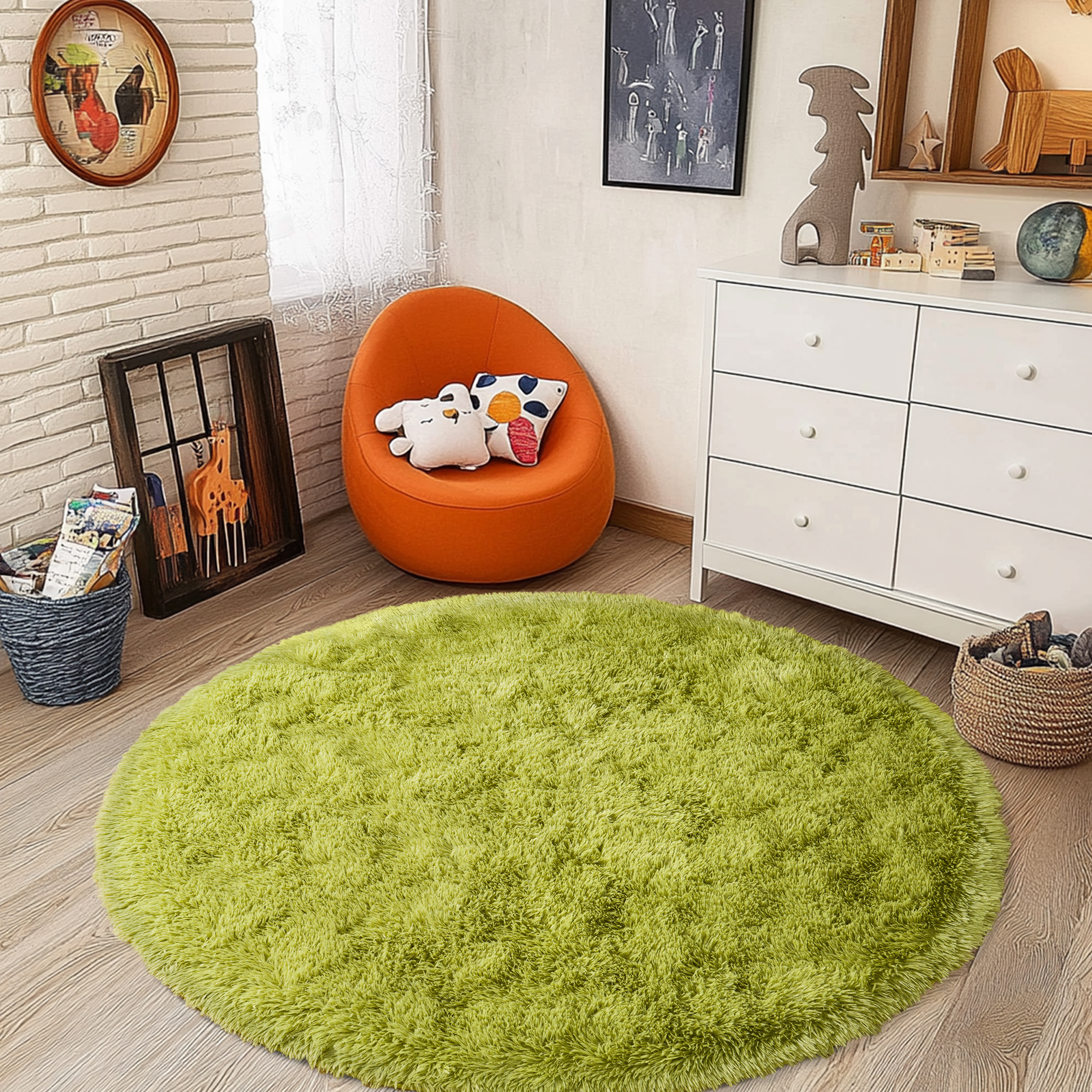 Socofuz Soft Round Fluffy Rug, Indoor Modern Carpet for Bedroom Kids Room Nursery, 4'x 4',Grass green