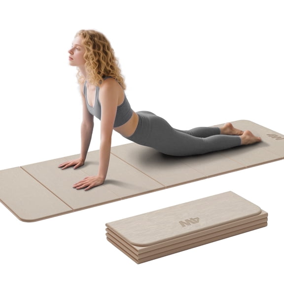 4W Foldable Yoga Mat 8mm Thick, TPE Non-Slip Fitness Mats, 3-in-1 for Yoga/Step Stool/Meditation, Quick Storage No Curling(Beige)