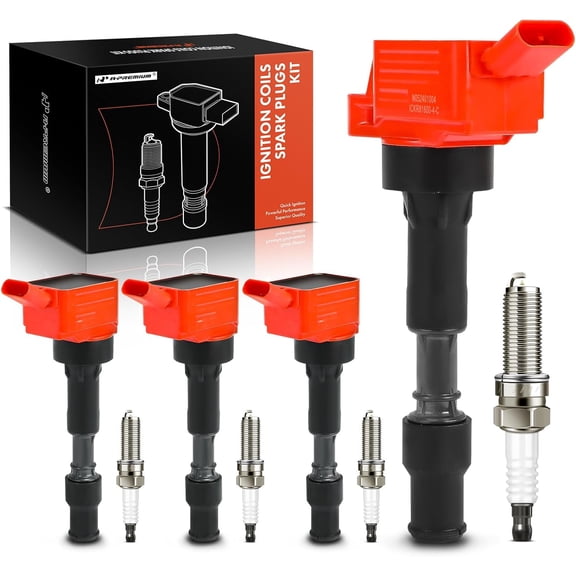 A-Premium (Red) Ignition Coil Pack and Iridium Spark Plugs Compatible with Hyundai & Kia Vehicles - Elantra 2015 Forte 2018, Forte Koup 2017-2.0L 4 Cyl Replaces for 273002E601, Set of 4