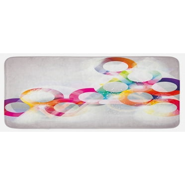 Abstract Kitchen Mat, Disc Shaped Circular Patterned Gradient Bubbles with Effects Art Print, Plush Decorative Kitchen Mat with Non Slip Backing, 47" X 19", Purple Orange, by Ambesonne
