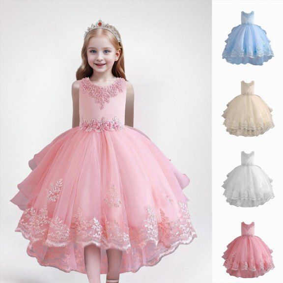 mgoYE Party Dresses for Girls Flower Girls Dress Wedding Satin Dresses Princess Birthday Party Prom Ball Gown(Pink,8-9 Years)