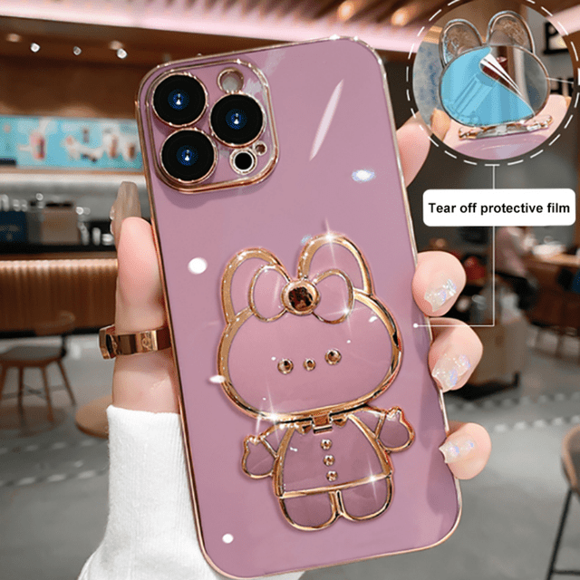 Étui de Téléphone avec Support Miroir Lapin Électroplaqué pour IPhone 14/14Pro/14Pro Max, 13/13Pro/13Pro Max, 12/12Pro/12Pro Max, 11/11Pro Max