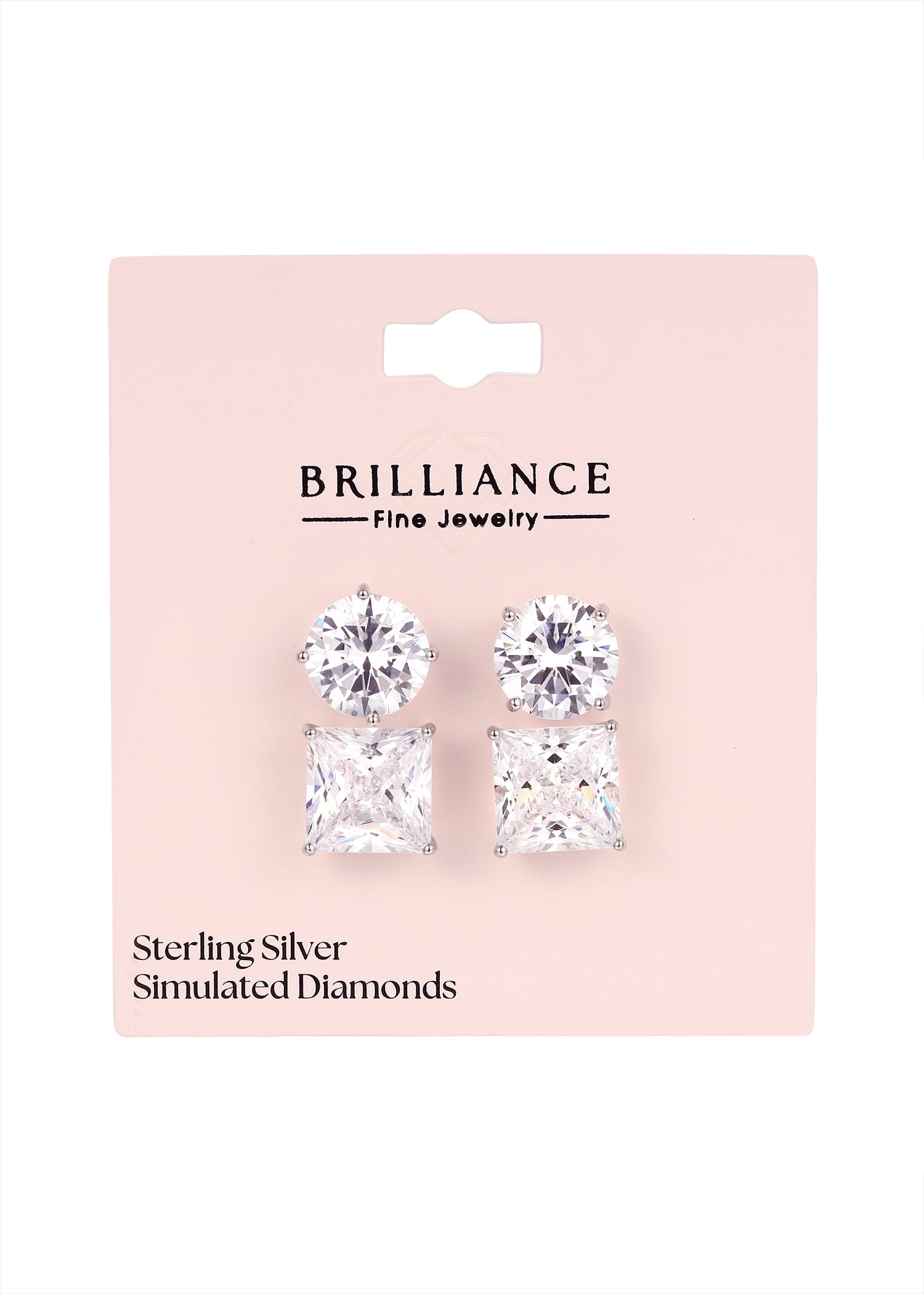 Brilliance Fine Jewelry Women's Simulated Diamond Duo Round and Square Earring Set in Sterling Silver