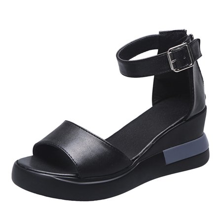 

Wedges for Women Women Solid Bohemian Peep Toe Wedges Thick Bottom Flatform Shoes Sandals Pu Black 38