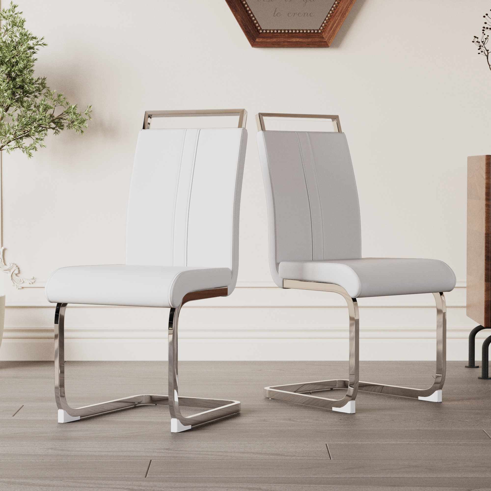 Dining Chairs Set of 2 PU Leather High Back Upholstered Chairs with Gold Metal Legs for Home Kitchen Dining Room Patio, White