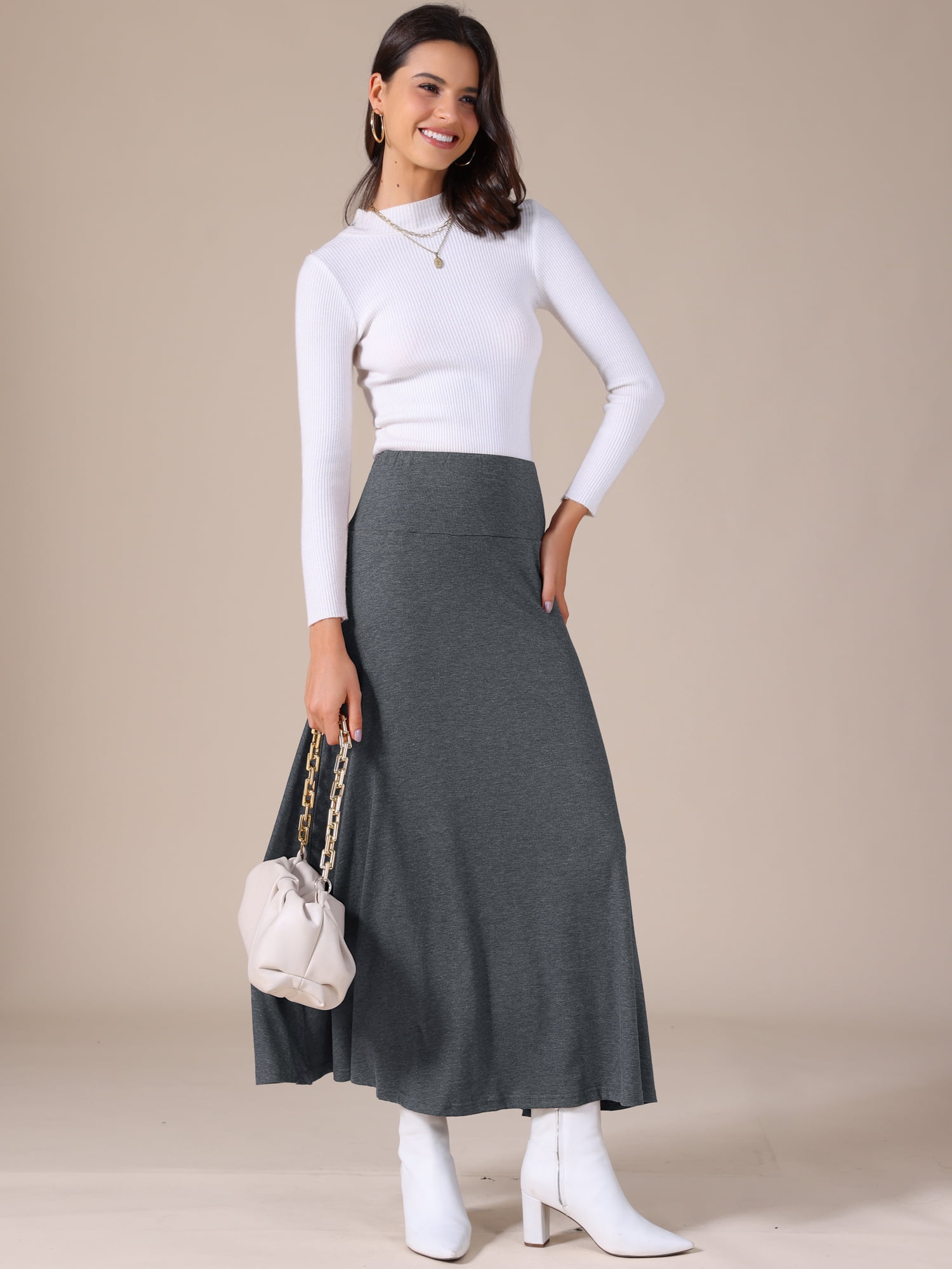 DARING DIVA Women's Foldable High Waist Flowy Flare Maxi Skirts XL Dark Gray