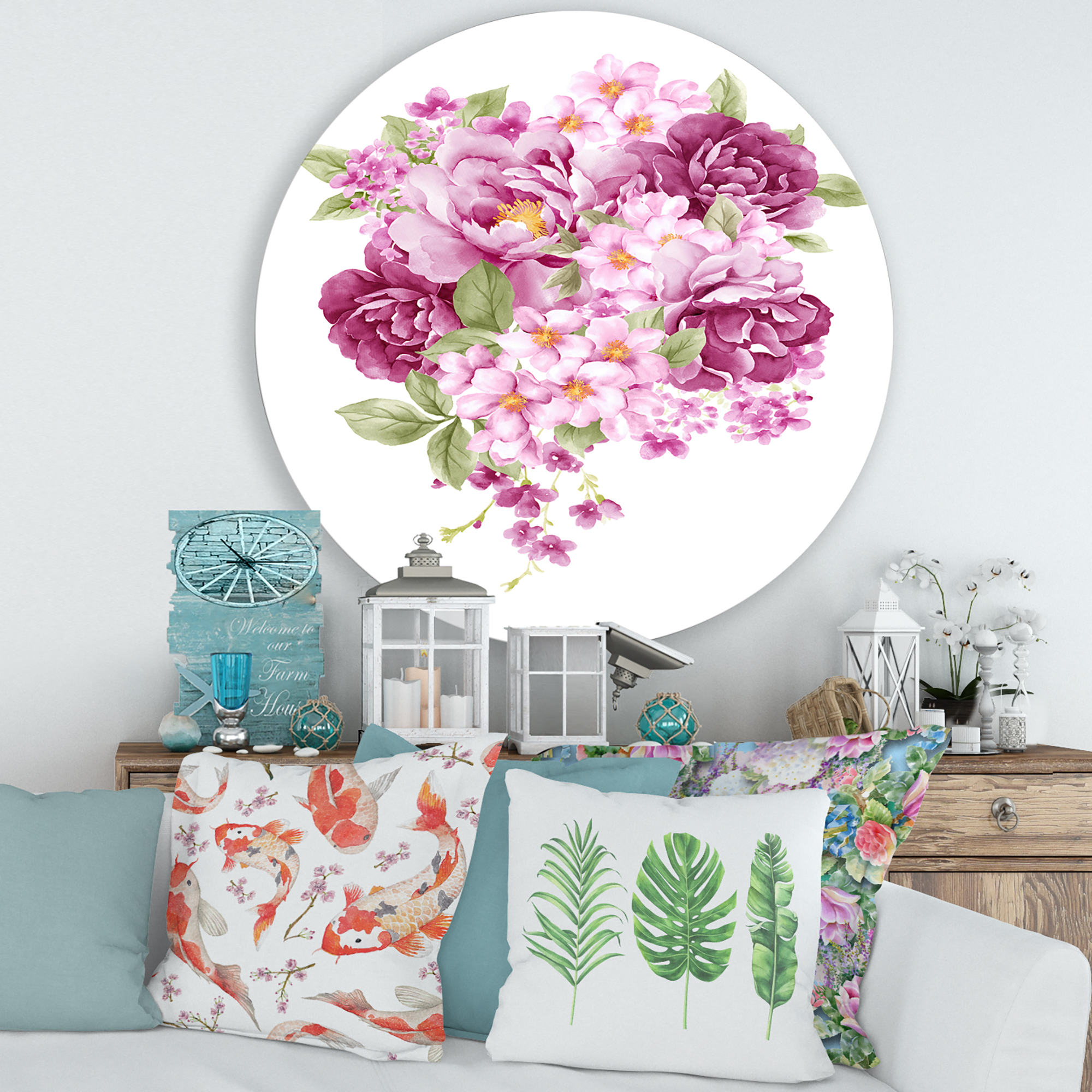 Designart 'Bouquet Of Pink Retro Flowers' Traditional Circle Metal Wall Art 36x36 - Disc of 36