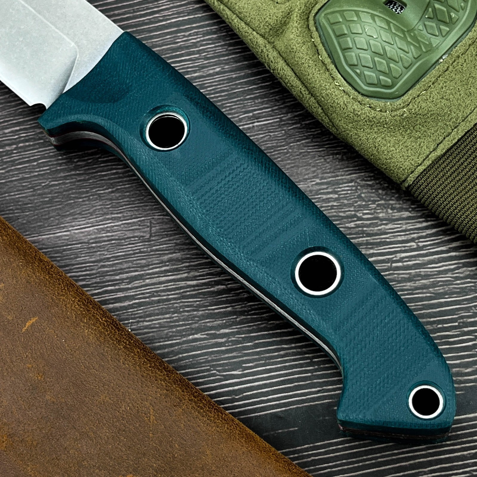 9.06'' Full-Tang D2 Steel Fixed Blade Knife, Teal G10 Handle & Leather Sheath for Camping Hiking