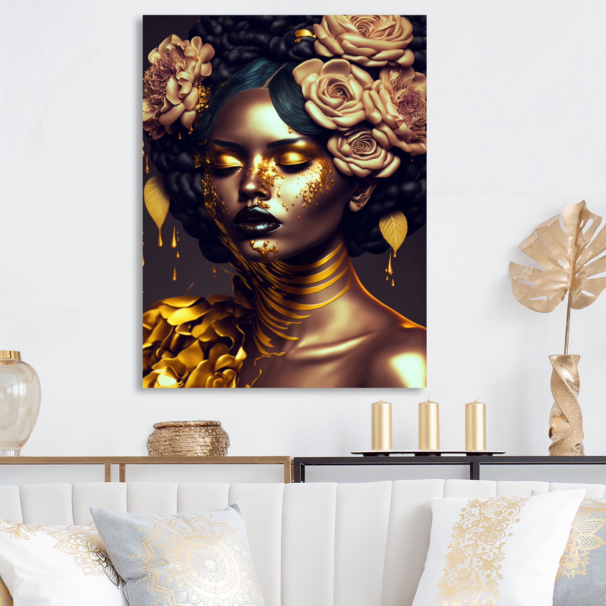 Designart Gold And Black Floral Woman IV Canvas Wall Art