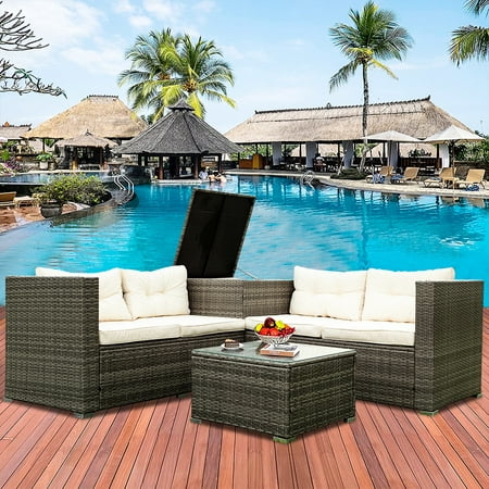 4-Piece Rattan Patio Furniture Sets, Wicker Bistro Patio Set with Ottoman, Glass Coffee Table, Outdoor Cushioned PE Rattan Wicker Sectional Sofa Set, Dining Table Sets for Backyard, Q10342