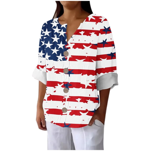 Vestidos Casuales Para Mujer, Blusas De Mujer De Moda Blusa holgada de lino con cuello en V, manga tres cuartos y botones decorativos para mujer.