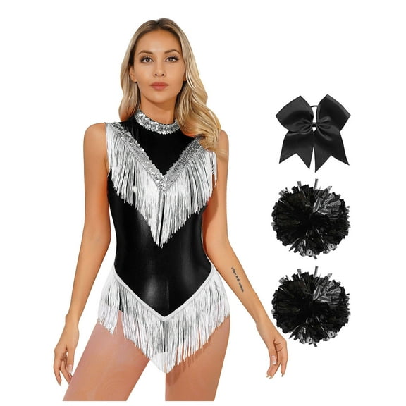 Haitryli Women Shiny Latin Dance Leotard Bodysuit Sleeveless Fringe Jazz Salsa Tango Dance Costume Black M