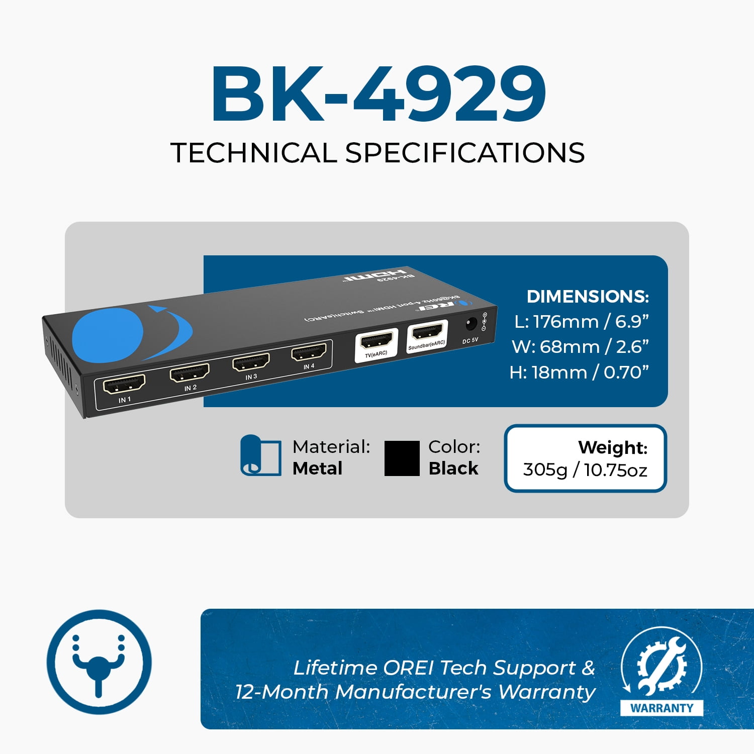 OREI 8K@60Hz 4-port HDMI Switch with eARC, BK-4929 - Walmart.com