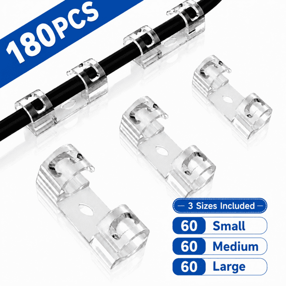 ChrumpTon 180 Pcs Adhesive Cable Clips & String Light Clips, Clear Wall Wire Clips, Cord Organizer for Cable Management Under Desk, Car, PC, Christmas Lights, Indoor Outdoor