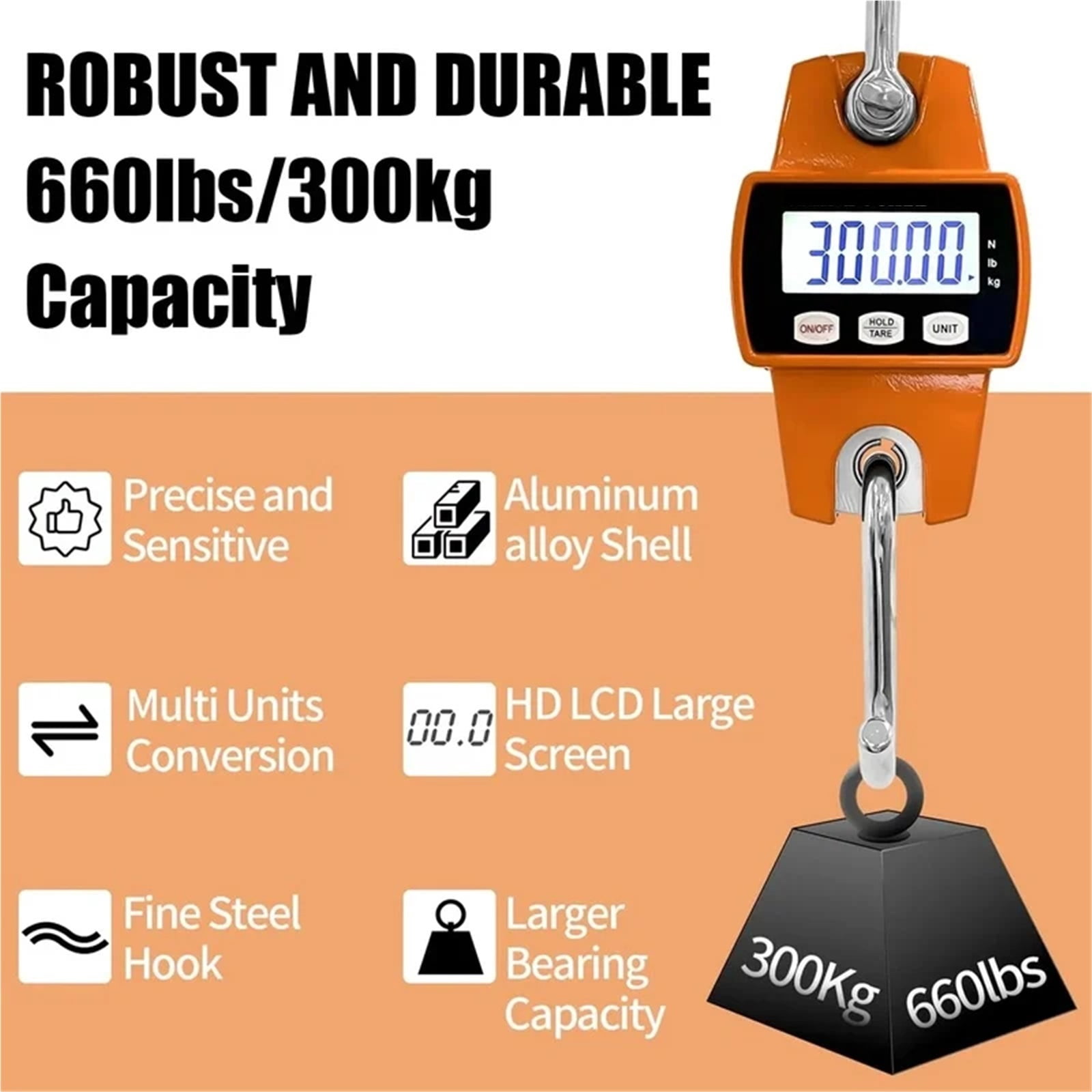 Digital Hanging Scale 300Kg Mini Crane Scale With Hooks For Farm, Hunting, Fishing ,Easy to Operate