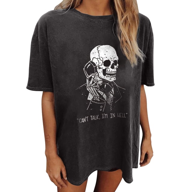 Top de manga corta suelto con estampado de calavera retro desgastado y hombros caídos gris oscuro para mujer Fridja gope1229