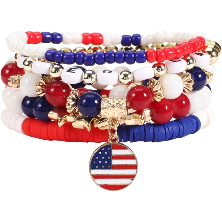5-Pack American Flag Beaded Bracelets - Red White Blue Stretch Bracelets For 4th Of July, Patriotic Jewelry