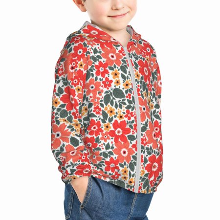 

Uemuo Small Coral Red Flowers Pattern Rash Guard for Boys Girls Long Sleeve Swim Shirts UPF 50+ UV Sun Protection Hooded Fishing Shirt with Pocket for Kid-2 Years