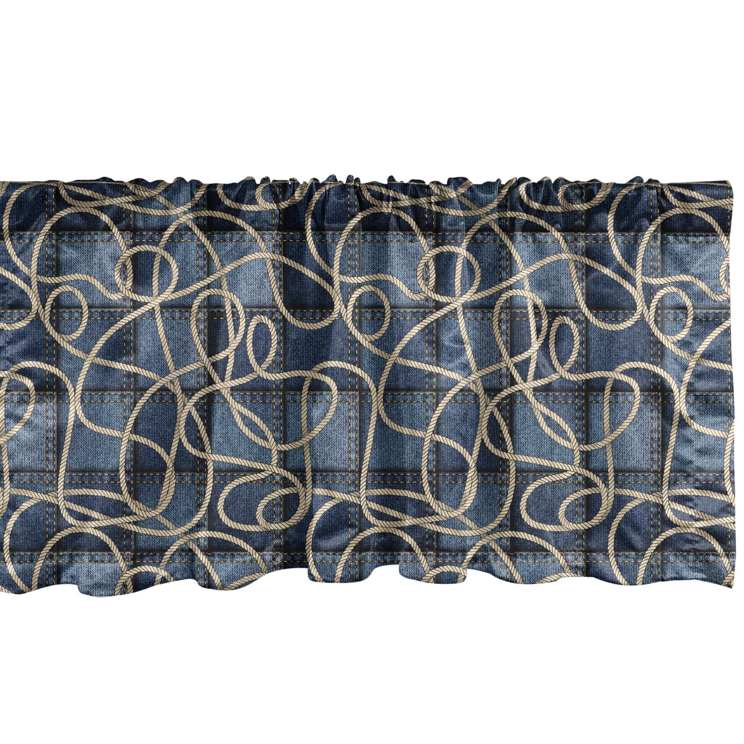 Ambesonne Nautical Window Valance, Various Patches of Denim in Sea with Sailor Knot Rope on