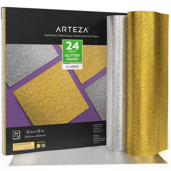 Arteza Glitter Paper, 12"x12", Gold and Silver - 24 Sheets