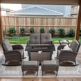 thumbnail image 2 of POCASSY 7 Pieces Fire Pit Table Set Patio Furniture with Glider Loveseat, All Weather Outdoor Conversation Set with Cushioned Patio Loveseat and Outdoor Rocking Chairs, Brown Wicker Gray Cushion, 2 of 18