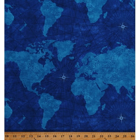 Cotton World Maps Compasses Land Oceans Seas States Provinces Travel Ocean Maps Blue Cotton Fabric Print by the Yard (QTI-C7738-ROYAL)