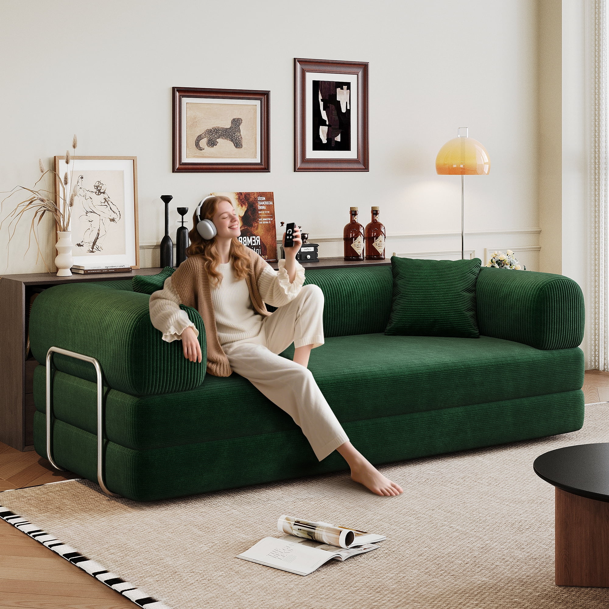 avobird 78.8" Compression Sofa, Convertible Floor Sofa Bed with Pillow Back Support Armrest, Boneless Modular Sectional Sofa for Living Room, Green