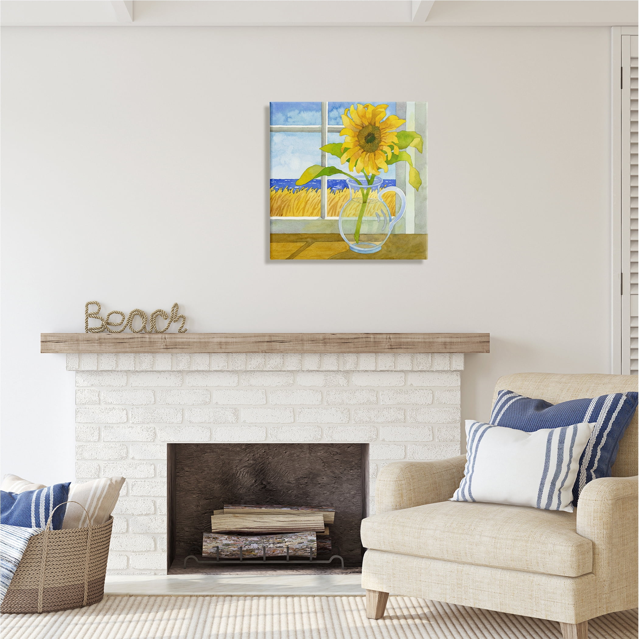 Stupell Industries Sunflower in Coastal Window Botanical & Floral Painting Gallery Wrapped Canvas Print Wall Art, 24 x 24
