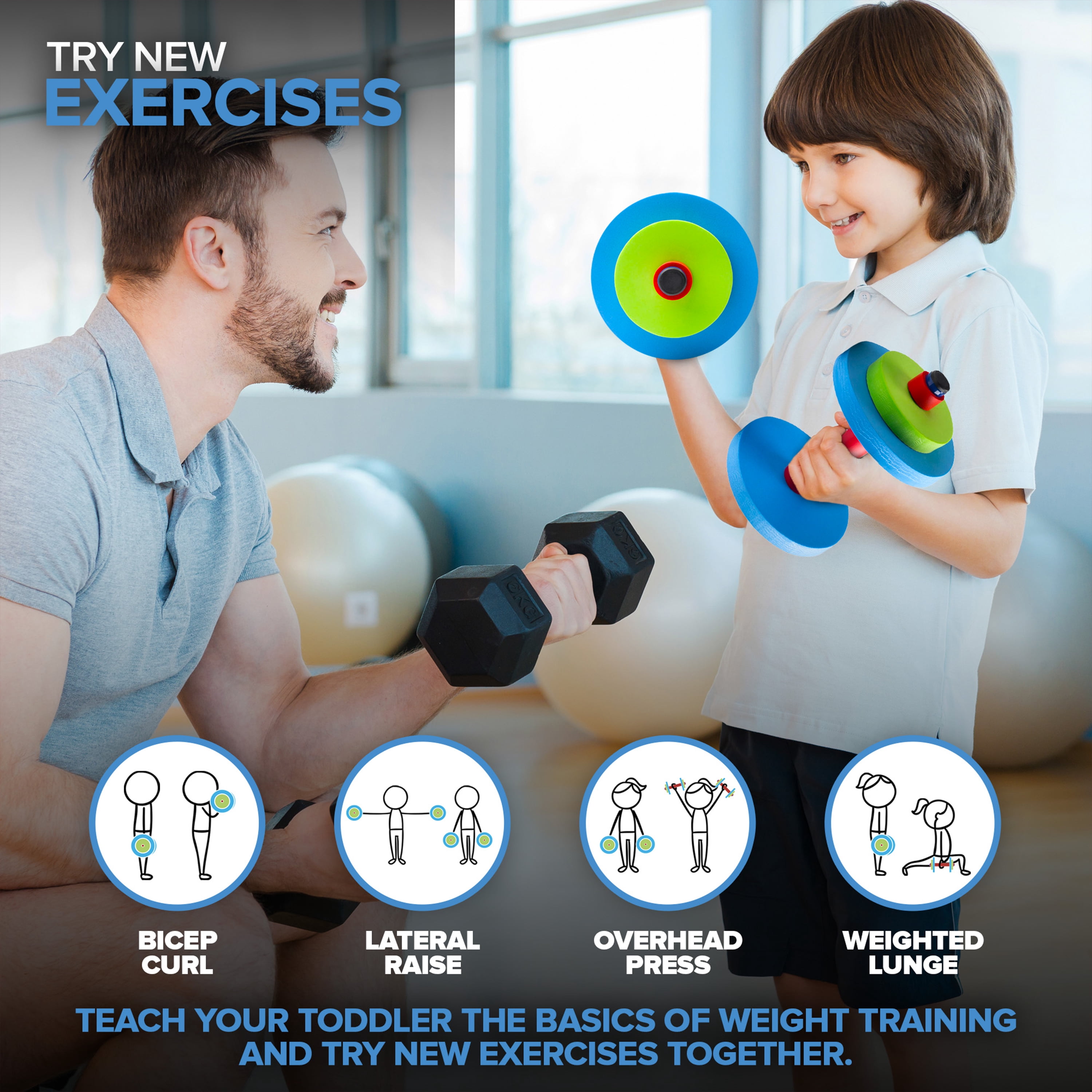Modern Innovations Kids Weight Set (2 Pack) Toy Dumbbells, Baby Dumbbell Workout Weights, Fun Fitness and Exercise Equipment for Toddlers - Blue, Green, Red…