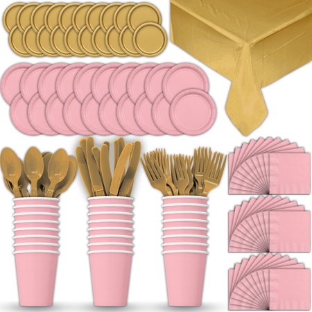 Gold Dinner Knife - Paper Tableware Set for 24 - Light Pink & Gold - Dinner and Dessert Plates, Cups, Napkins, Cutlery (Spoons, Forks, Knives), and Tablecloths - Full Two-Tone Party Supplies Pack
