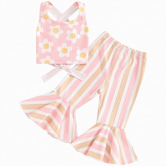 mgoYE Baby Girl Clothes 12-18 Months Toddler Baby Girl Outfits Floral Sleeveless Tank Top Cross Back Bell Bottom Pants Summer Clothes Set(Pink,2-3 Years)