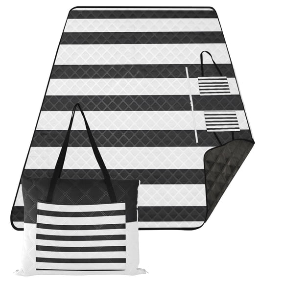 Minimalist Black and White Stripe 60x80in Waterproof Picnic Mat, Foldable Backpack, Dual-Sided Camping Blanket