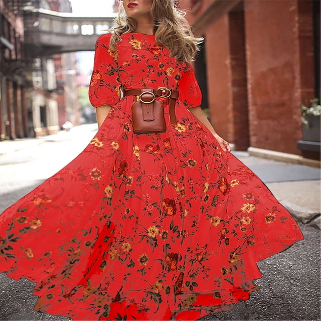 Weiqiqre Robe Femme Robe Bohème en Mousseline à Imprimé Floral Longue Robes de Soirée Grande Taille Mi-Mollet à Manches Courtes