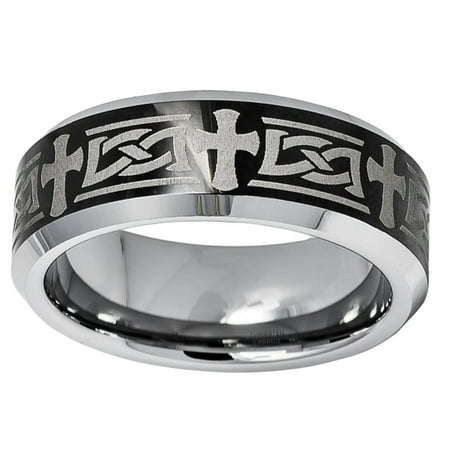 Free Engraving Men Women Personalized Inside Engraving 8MM Tungsten Wedding Band Ring Beveled Edge Celtic Cross