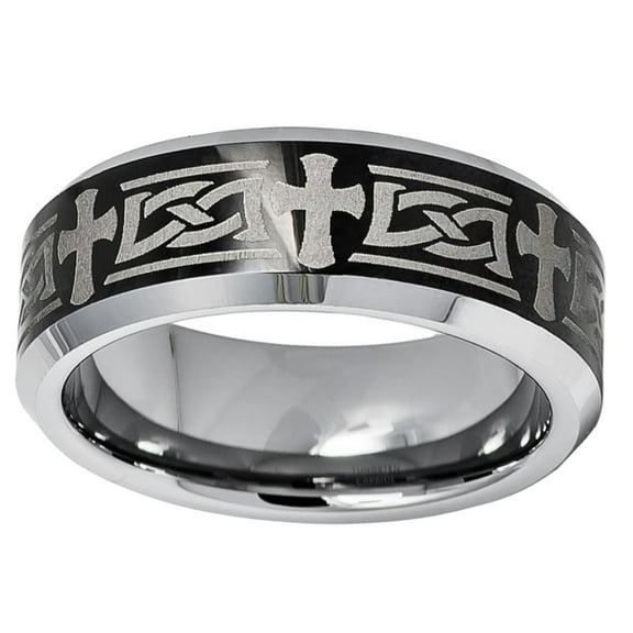 Free Engraving Men Women Personalized Inside Engraving 8MM Tungsten Wedding Band Ring Beveled Edge Celtic Cross Engraved