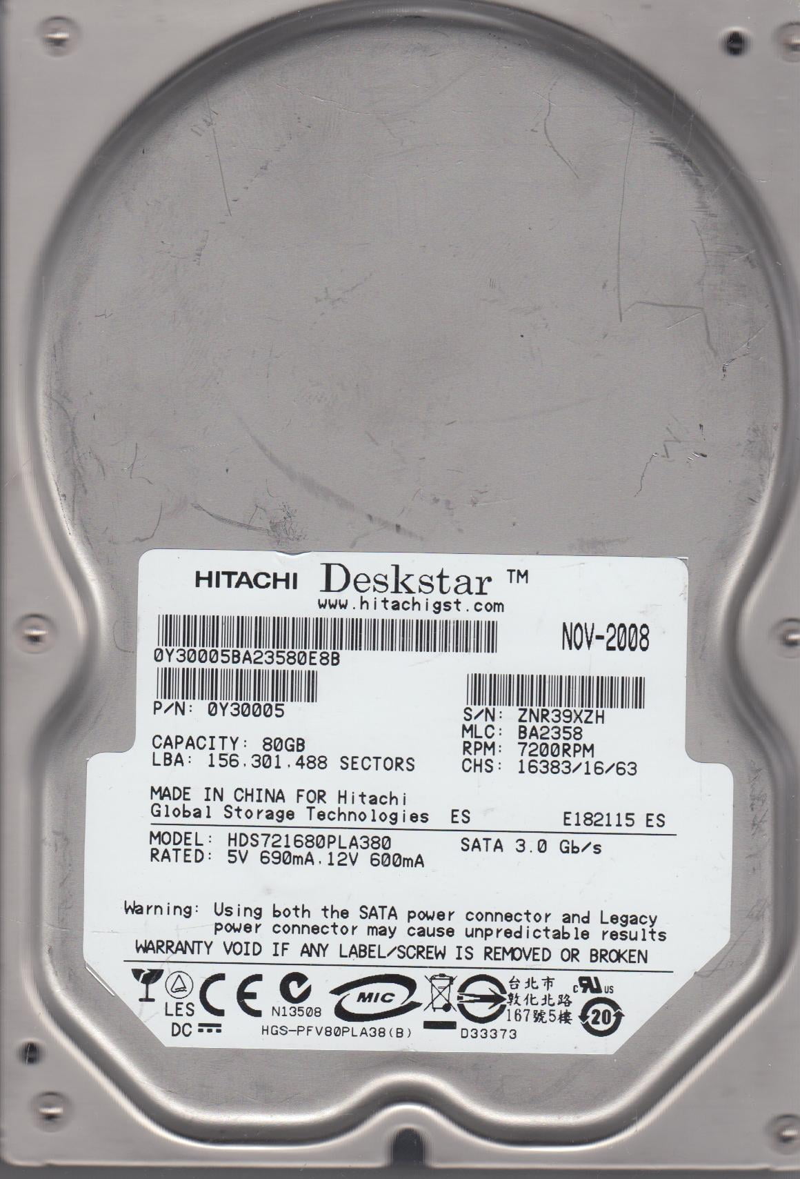 HDS721050CLA362, PN 0F10759, MLC JPT3EA, Hitachi 500GB SATA 3.5