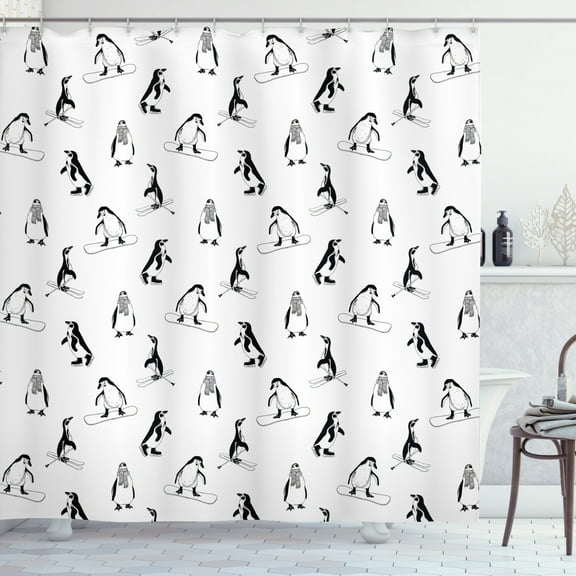 Ambesonne Penguin Shower Curtain, Skiing Penguins in Scarves, 69"Wx84"L, White Black