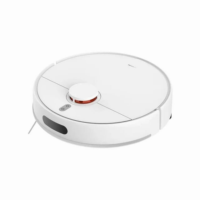 aspiradora xiaomi robot vacuum s40c robot aspirador blanco, vista 3/4 frontal con disco LDS elevado en la tapa, dos botones frontales, sensor oscuro y cepillo lateral visible; diseño bajo para limpiar pisos duros y alfombras finas, adecuado para áreas de trabajo pequeñas.