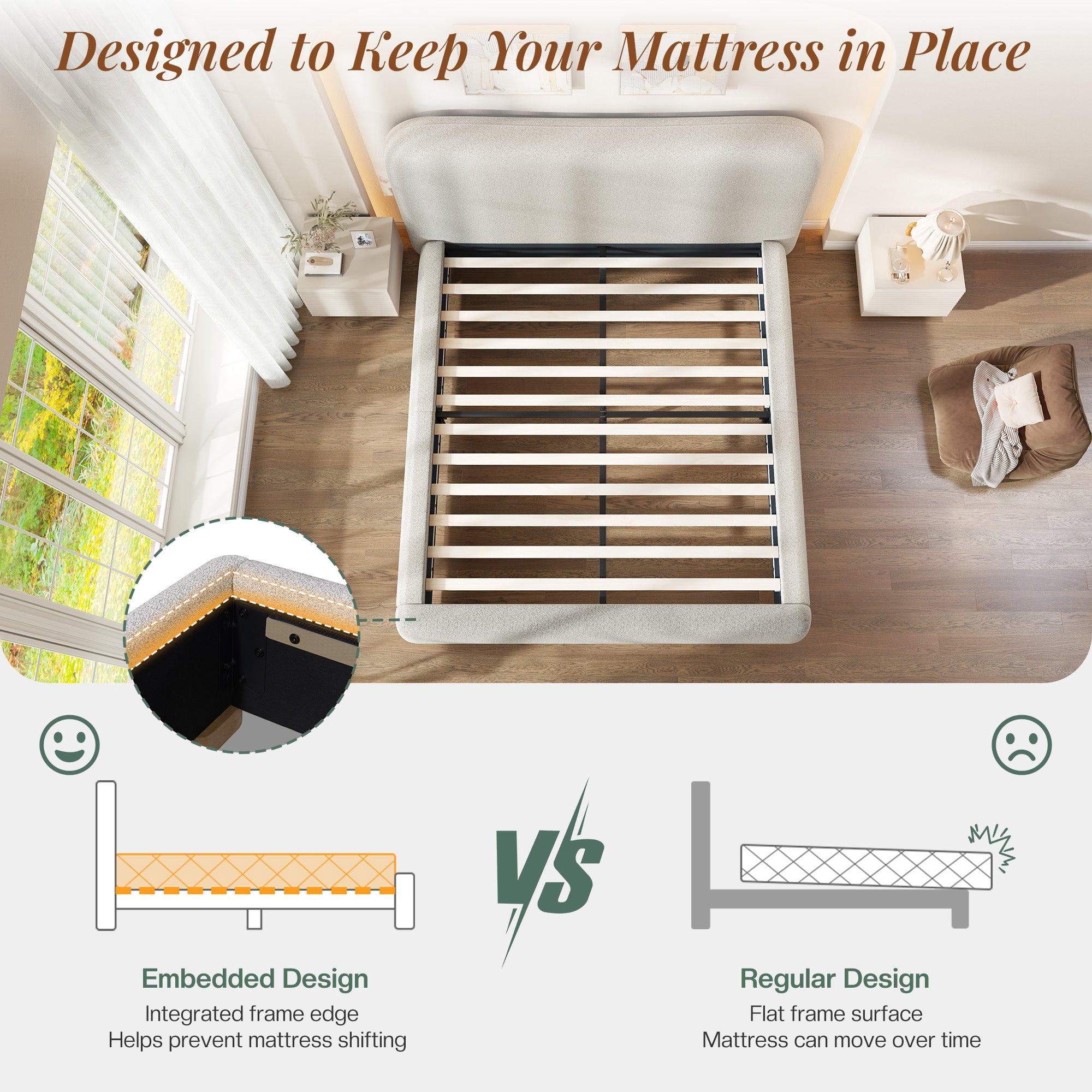 VanAcc Full Size Cloud Bed Frame, 7.1" Thick Curved Headboard, Modern Upholstered Platform Bed, Easy Assembly, Chenille Light Grey