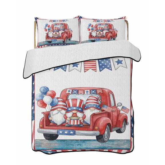 Full Size Quilt Bedding Set, Independence Day Reversible Summer Quilt 3 Pieces, American Flag Gnomes Balloons Country Truck Lightweight Bedspreads Coverlets with 2 Pillow Shams for All Seasons