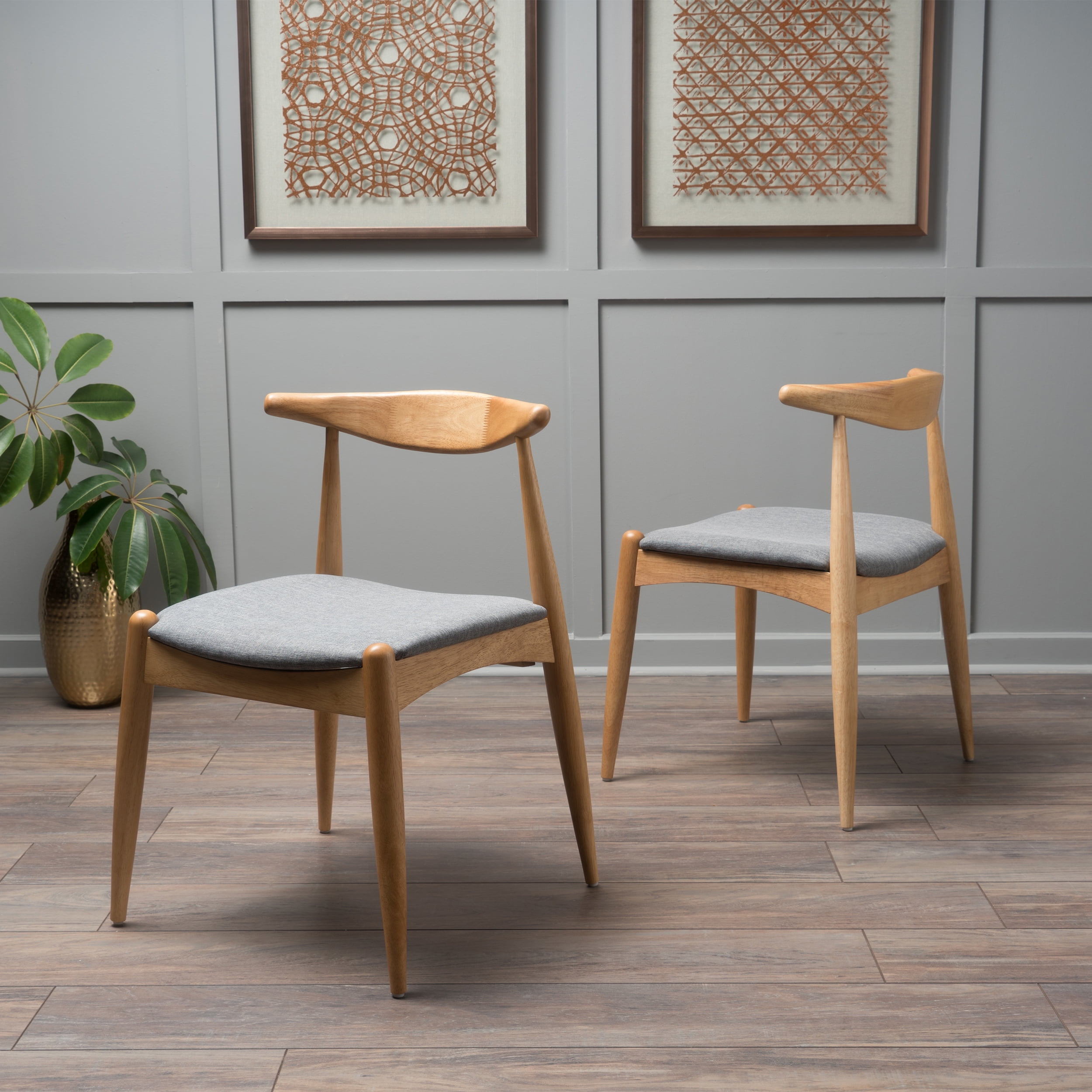 GDF Studio Virgil Mid Century Modern Fabric Upholstered Dining Chairs, Set of 2, Gray and Natural Oak