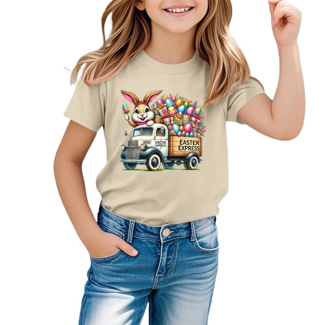 MIASHUI T-Shirts Graphiques de Pâques pour Garçons Doux Décontractés à Manches Courtes Hauts Colorés pour Enfants Beige, 6-7 Ans