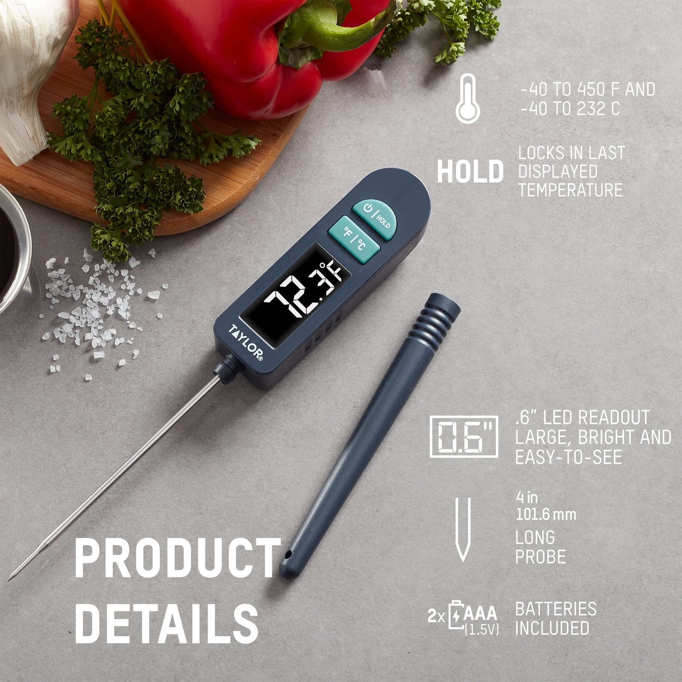 Taylor Digital Kitchen and Food Thermometer, LED Readout Display, Stainless Steel, Black