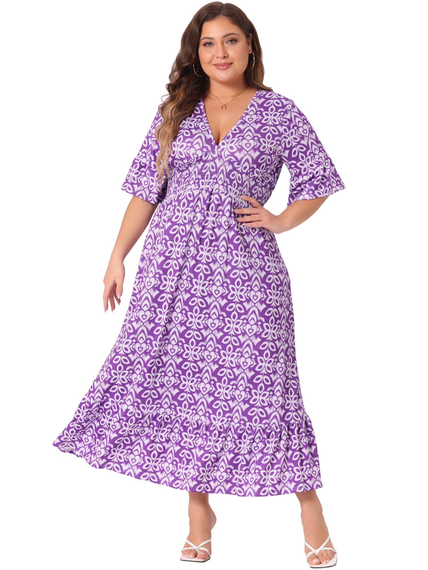 DARING DIVA Plus Size Bell Sleeve Ruffled Hem Boho A Line Long Dress 4X Purple
