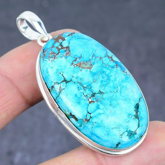 Natural Tibetan Turquoise Handmade 925 Sterling Silver Pendant 2.25"