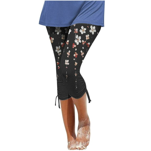 Bigersell Women's Cropped Elastic Waist Pants Casual Summer Floral Print Boho Pants Pull on Capris Leggings Pant Side Drawstring Slim Straight Leg Skinny Legging Lightweight Comfy Lounge Pants